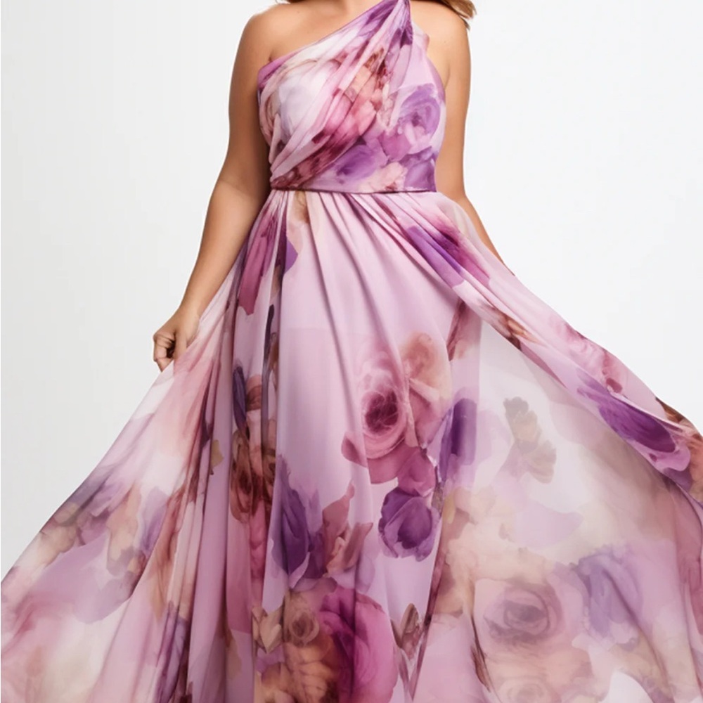 Floral One-Shoulder Dress in Purple and Pink Size 16